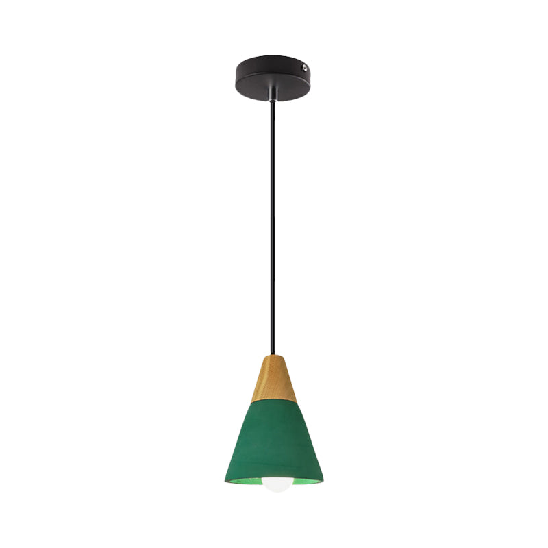 Cement Hanging Pendant Lamp - Macaron Single-Bulb Cone/Bowl Design In Green/Red With Wood Top
