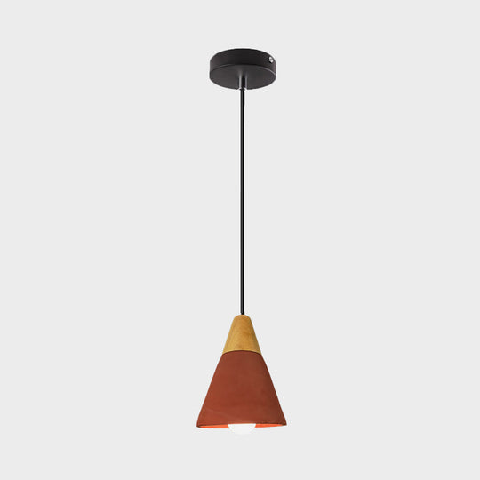 Cement Hanging Pendant Lamp - Macaron Single-Bulb Cone/Bowl Design In Green/Red With Wood Top