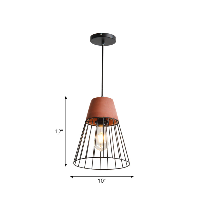 Loft Bedside Pendant Light With Cage And Cement Top In Grey/Red