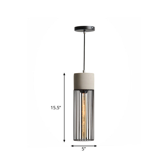 Loft Bedside Pendant Light With Cage And Cement Top In Grey/Red
