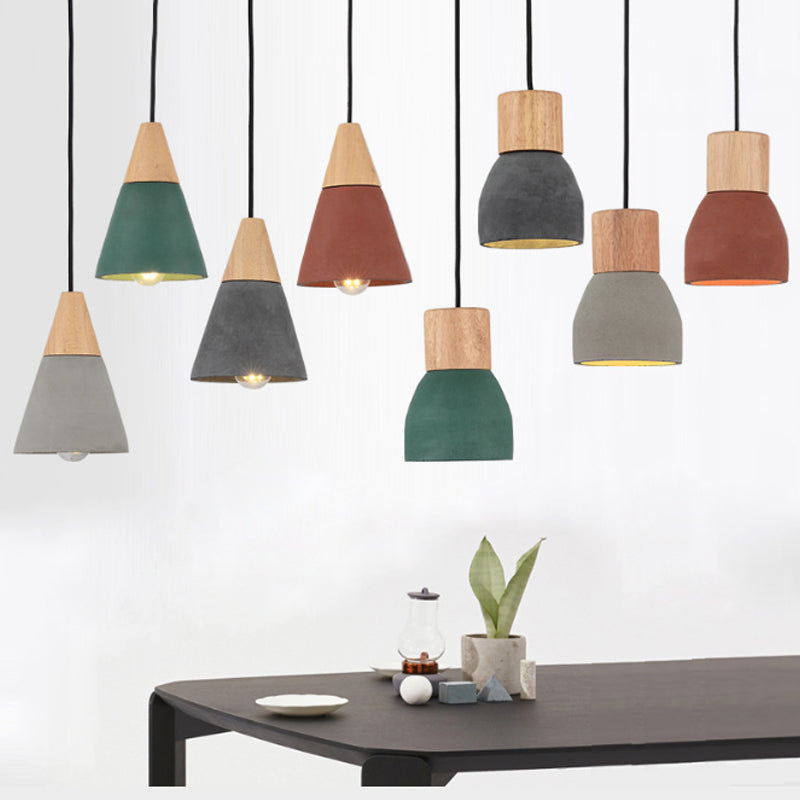 Nordic 1-Head Cement Ceiling Hang Light With Wood Socket - Small Drop Pendant Bowl In Black Red
