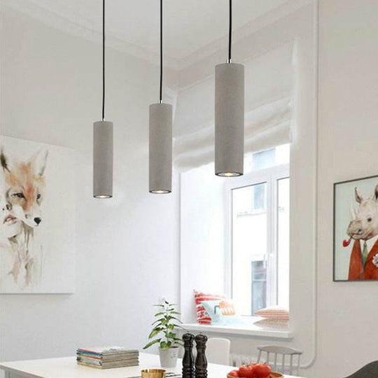 Minimalist Cement Tube Pendant Light Kit - Led Hanging Lamp In Grey 10’/19.5’ Tall For Bedroom