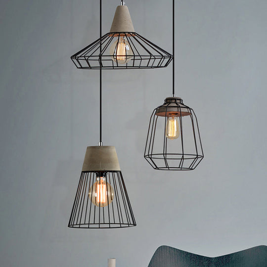 Industrial 1-Light Pendant Fixture With Cone/Cylinder/Triangle Iron Design In Black - Cement Socket