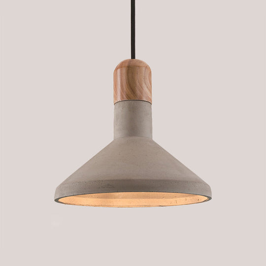 Nordic Cement Pendulum Light With Wood Top - Funnel Design 1 Bulb Grey Ceiling Pendant For Dining
