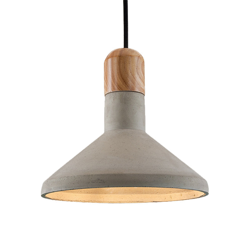 Nordic Cement Pendulum Light With Wood Top - Funnel Design 1 Bulb Grey Ceiling Pendant For Dining