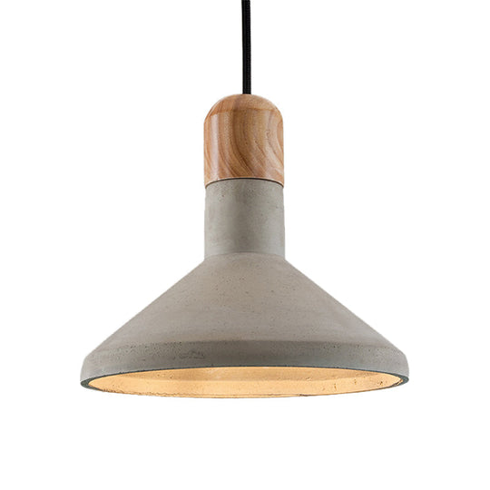 Nordic Cement Pendulum Light With Wood Top - Funnel Design 1 Bulb Grey Ceiling Pendant For Dining