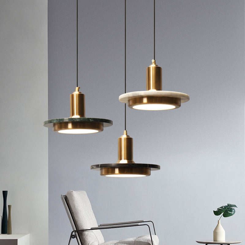Antiqued Brass And Green Led Marble Lid Drop Pendant Light - Postmodern Ceiling Hang Fixture