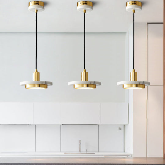 Antiqued Brass And Green Led Marble Lid Drop Pendant Light - Postmodern Ceiling Hang Fixture