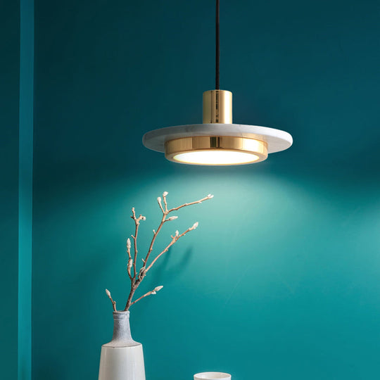 Antiqued Brass And Green Led Marble Lid Drop Pendant Light - Postmodern Ceiling Hang Fixture