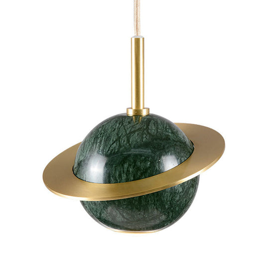 Designer Marble Pendant Lamp For Restaurants: Globe Hanging Light With Led Black/White/Green & Brass