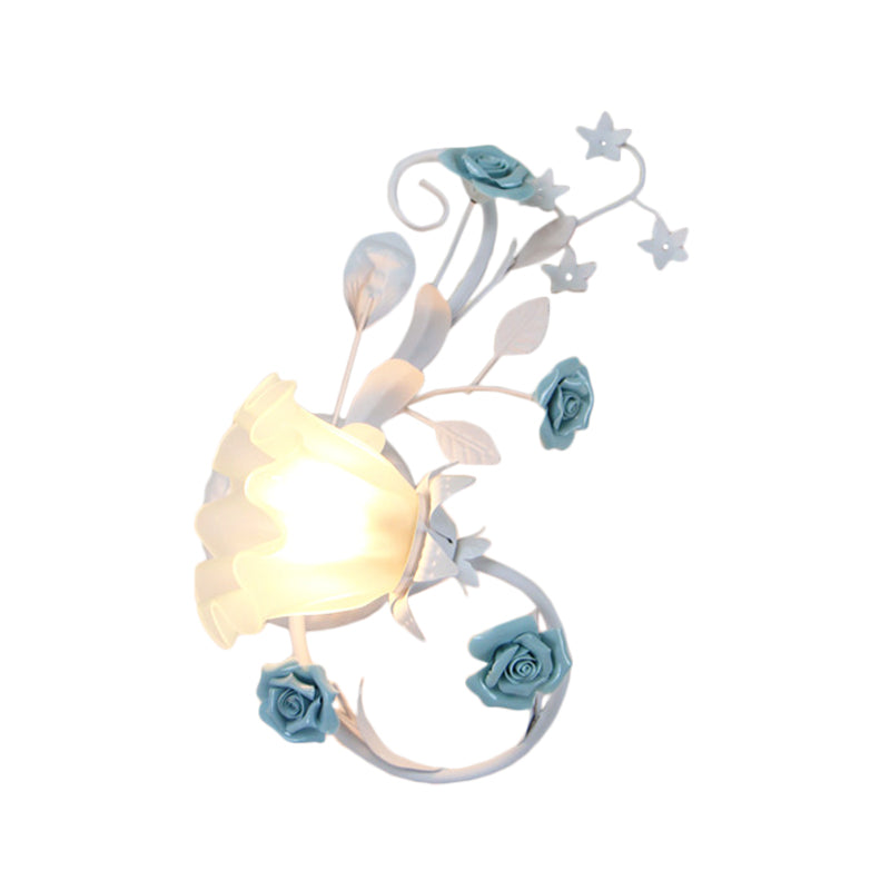 Flower Shade Frosted Glass Wall Sconce - Countryside 1-Light Bedroom Lamp In White