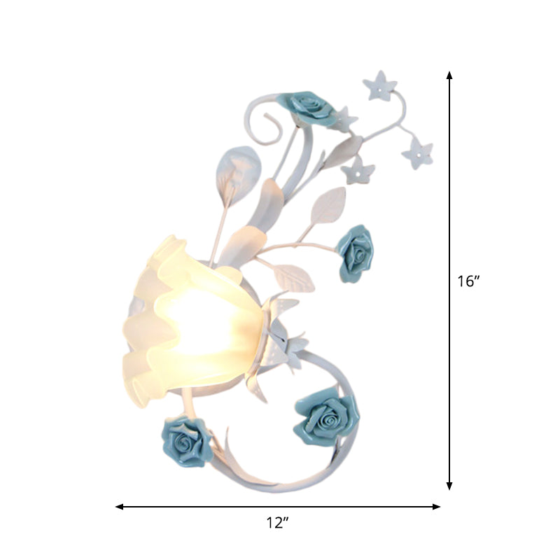 Flower Shade Frosted Glass Wall Sconce - Countryside 1-Light Bedroom Lamp In White