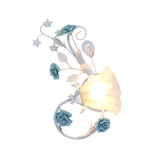 Flower Shade Frosted Glass Wall Sconce - Countryside 1-Light Bedroom Lamp In White