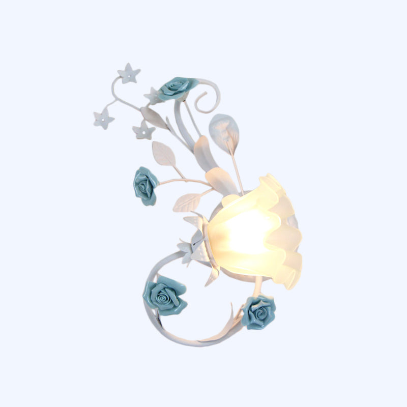 Flower Shade Frosted Glass Wall Sconce - Countryside 1-Light Bedroom Lamp In White