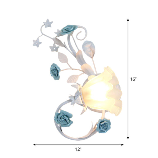 Flower Shade Frosted Glass Wall Sconce - Countryside 1-Light Bedroom Lamp In White