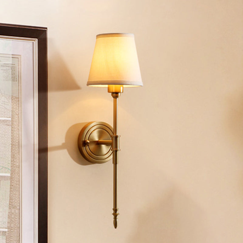 Minimalist Gold Bedroom Wall Light Kit - Tapered Fabric Shade Pencil Arm Mount Reading Lamp