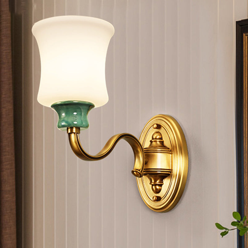 Gold Scalloped/Tapered/Curved Wall Mounted Bedside Light With Fabric/White Glass Shade