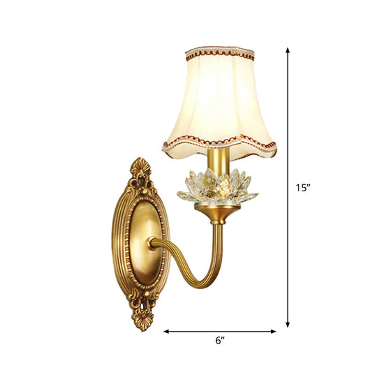 Gold Scalloped/Tapered/Curved Wall Mounted Bedside Light With Fabric/White Glass Shade