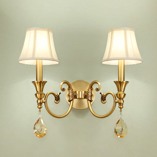 Classic Flared Wall Sconce In Gold With Crystal Drop - 1/2-Light Fabric Lamp 2 /