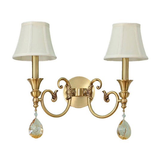 Classic Flared Wall Sconce In Gold With Crystal Drop - 1/2-Light Fabric Lamp