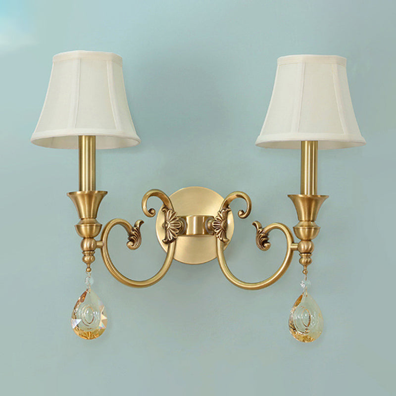 Classic Flared Wall Sconce In Gold With Crystal Drop - 1/2-Light Fabric Lamp