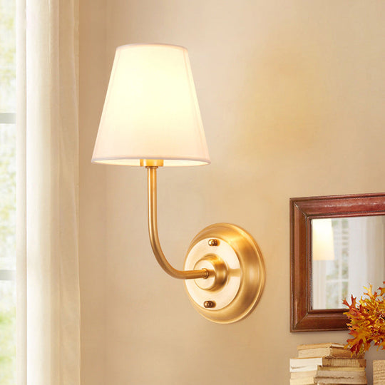 Minimalist Gold Wall Mount Lamp With Conical Fabric Shade - Single Bulb