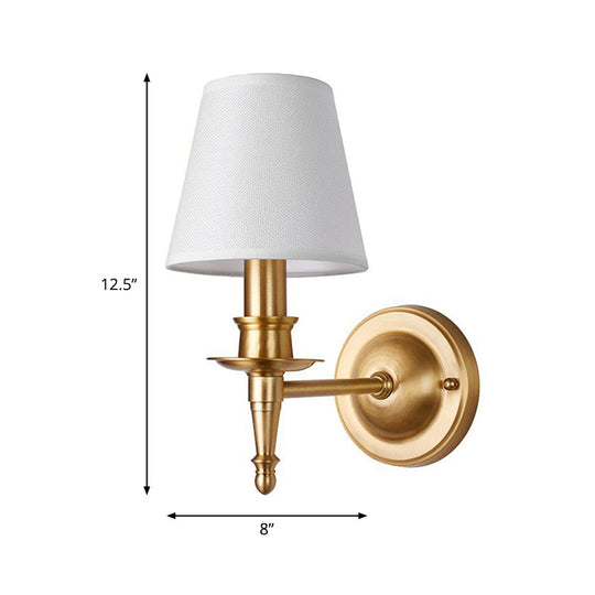 Conical Wall Light With Single-Bulb Fabric Shade Candle Design - Gold Finish