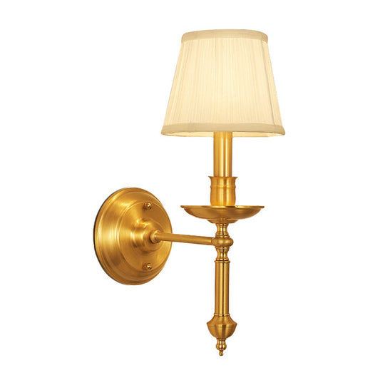 Conical Wall Light With Single-Bulb Fabric Shade Candle Design - Gold Finish