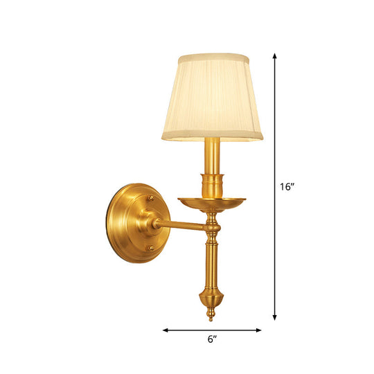 Conical Wall Light With Single-Bulb Fabric Shade Candle Design - Gold Finish