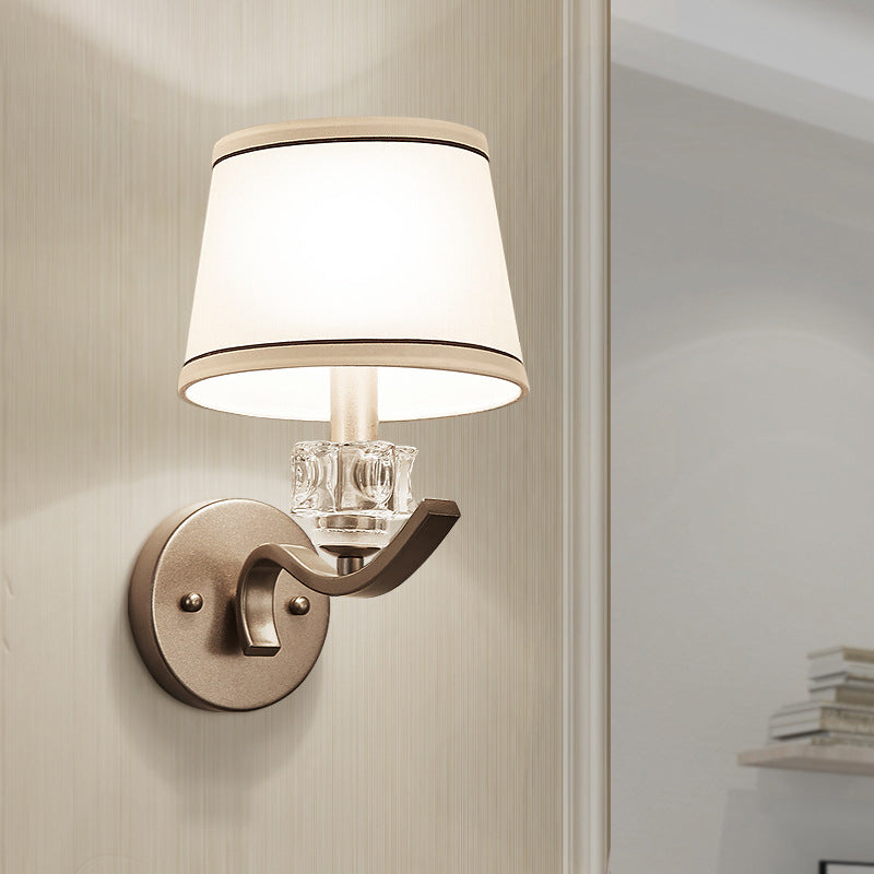 Frustum Shaped White Fabric Wall Lamp With Crystal Ornament Minimalist 1-Bulb Light Kit