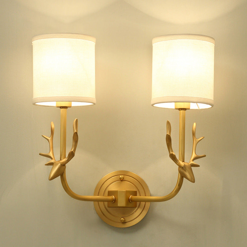 Country Style Gold Deer Wall Mounted Light With Dual Metal Heads And Cylinder Fabric Shade