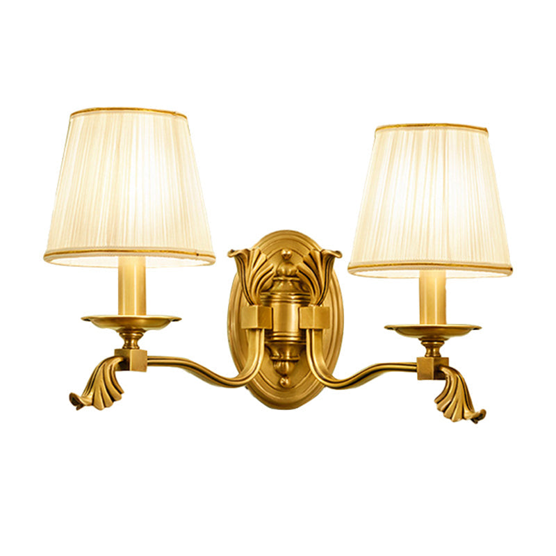 Rustic Metal Candle Wall Lamp - Gold Mount With Pleated Fabric Shade