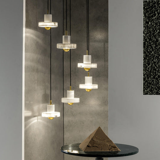 Minimalist Pot-Lid Pendant Marble Dining Room Light In White/Brass - 1-Bulb Suspension White
