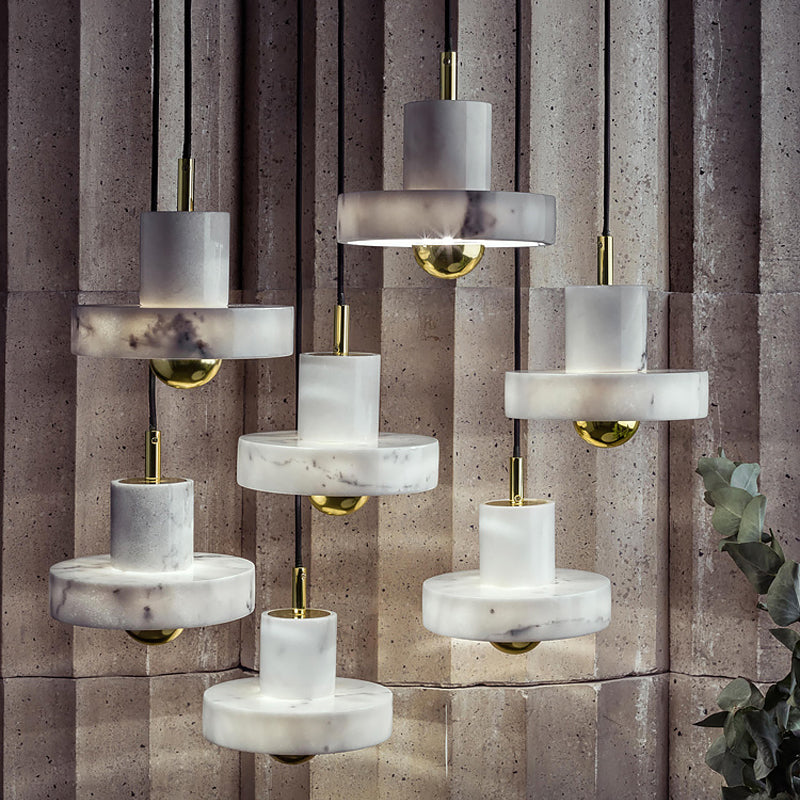 Sleek Minimalist Pendulum Light Marble 1-Bulb Dining Room Pendant In White & Brass
