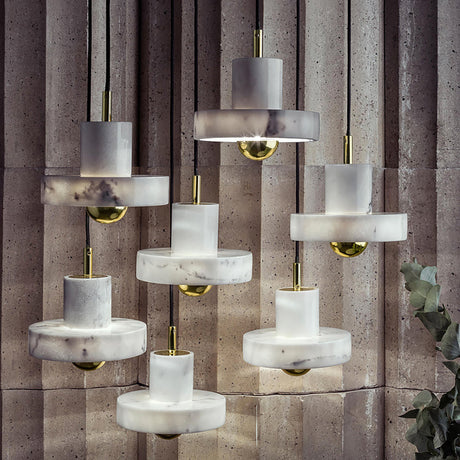 Minimalist Pot-Lid Pendant Marble Dining Room Light In White/Brass - 1-Bulb Suspension