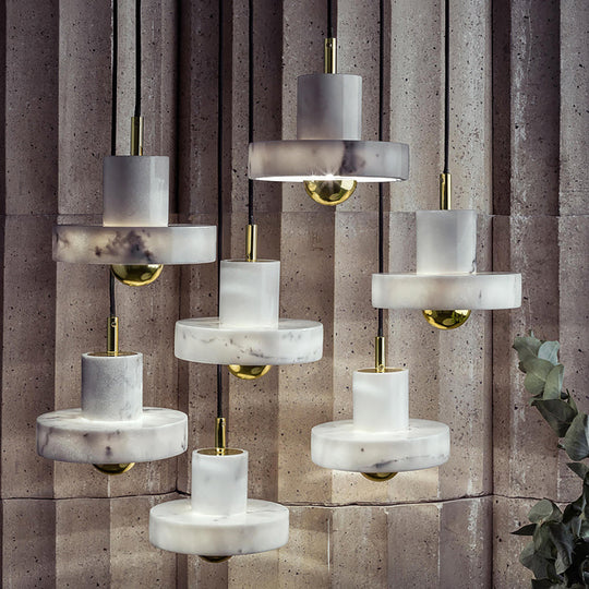 Minimalist Pot-Lid Pendant Marble Dining Room Light In White/Brass - 1-Bulb Suspension