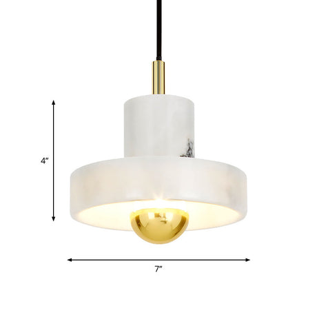 Minimalist Pot-Lid Pendant Marble Dining Room Light In White/Brass - 1-Bulb Suspension
