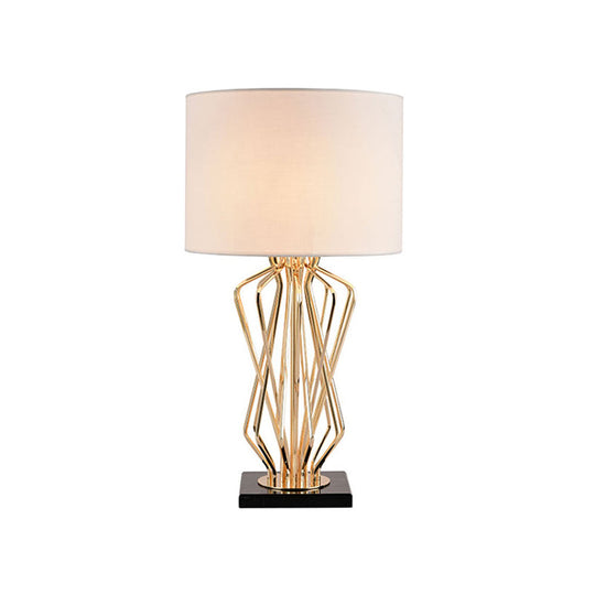 Modern Metal Table Lamp With Gold Finish Hourglass Night Light And Black/White Cylinder Fabric Shade