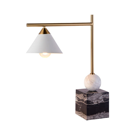 Mid Century Geometric Nightstand Lamp: Marble Base Black-White-Brass Accent 1-Light Bedroom Table