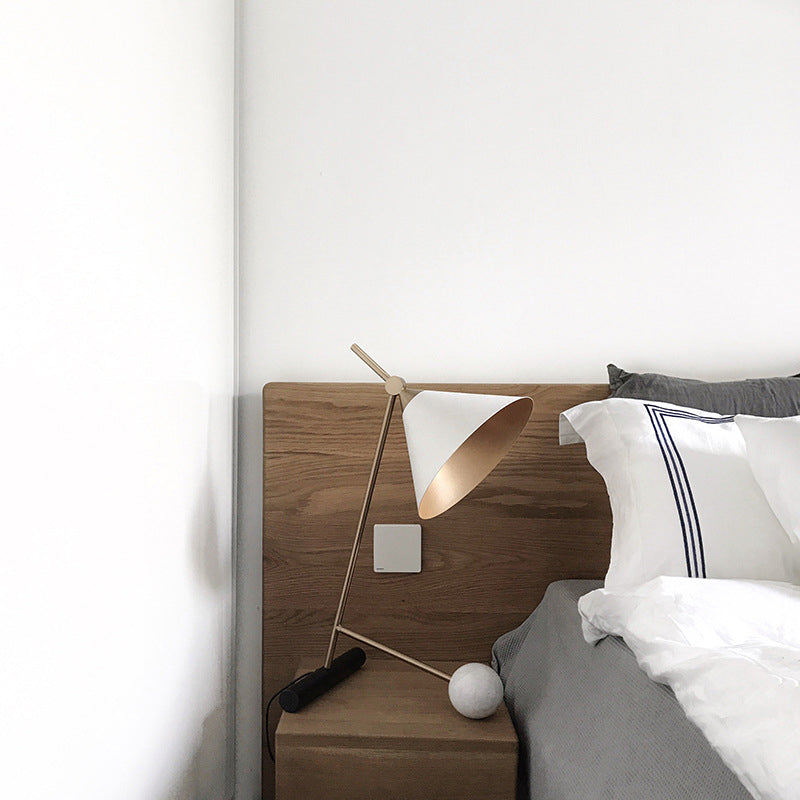 Modern White And Brass Cone Night Light 1-Head Metal Table Lamp Ideal For Bedroom