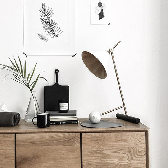 Modern White And Brass Cone Night Light 1-Head Metal Table Lamp Ideal For Bedroom