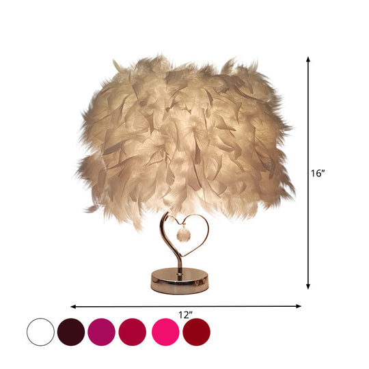 Riley - Modern Single Nightstand Lamp Red/White/Pink Bucket Shaped Table Light With Feather Shade