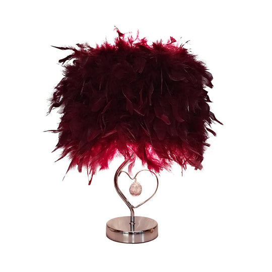 Riley - Modern Single Nightstand Lamp Red/White/Pink Bucket Shaped Table Light With Feather Shade