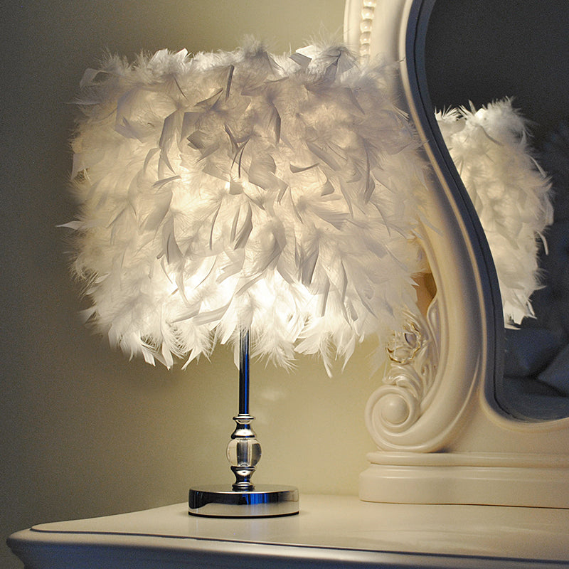 Feather Drum Night Lamp: Simple & Elegant 1-Light Bedroom Table Lighting In Pink/Red/Yellow With