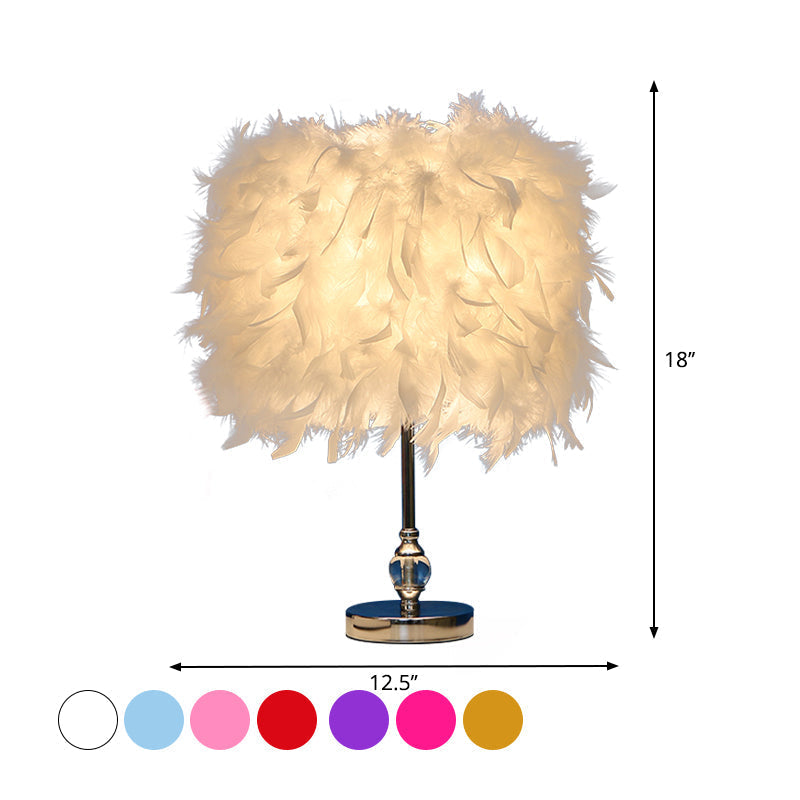 Feather Drum Night Lamp: Simple & Elegant 1-Light Bedroom Table Lighting In Pink/Red/Yellow With