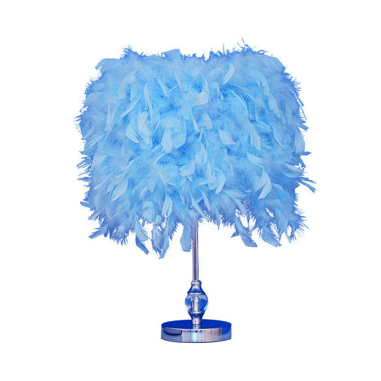 Feather Drum Night Lamp: Simple & Elegant 1-Light Bedroom Table Lighting In Pink/Red/Yellow With