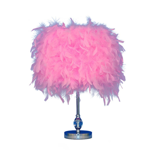 Lara - Simplicity Drum Night Lamp Feather 1-Light Bedroom Table Lighting In Pink/Red/Yellow With