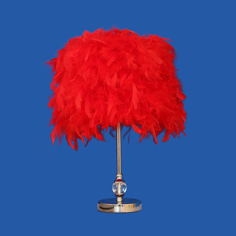 Feather Drum Night Lamp: Simple & Elegant 1-Light Bedroom Table Lighting In Pink/Red/Yellow With