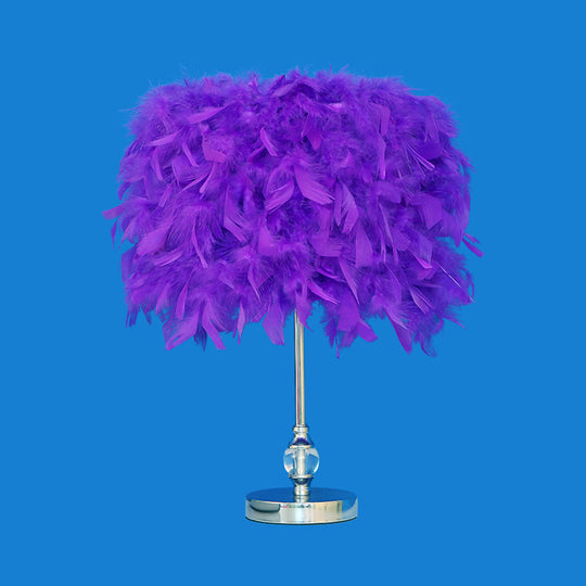 Feather Drum Night Lamp: Simple & Elegant 1-Light Bedroom Table Lighting In Pink/Red/Yellow With