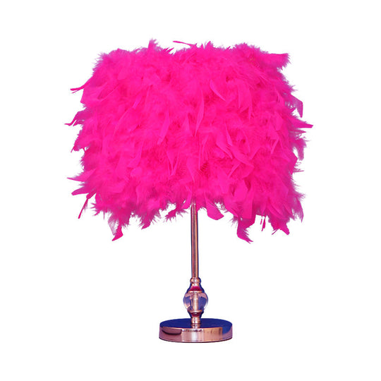 Lara - Simplicity Drum Night Lamp Feather 1-Light Bedroom Table Lighting In Pink/Red/Yellow With